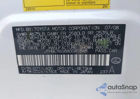 2008 Lexus Gs 350 z USA, uszkodzony, nr VIN JTHBE96S880041848